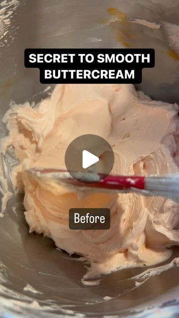 a bowl filled with whipped cream and a spoon in the bowl that says secret to smooth buttercream