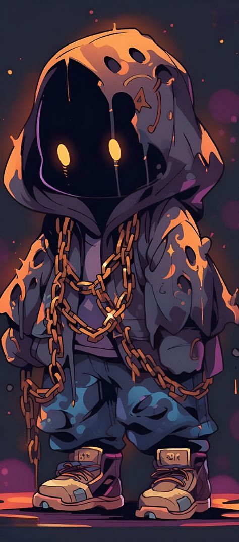 an image of a cartoon character with chains around his ankles and eyes glowing in the dark