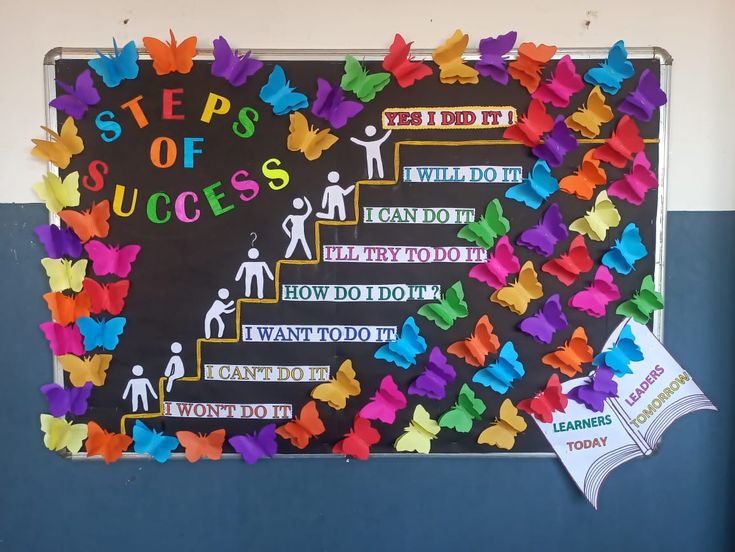 a bulletin board with colorful paper butterflies on it that says steps of success and how do you want to do it?