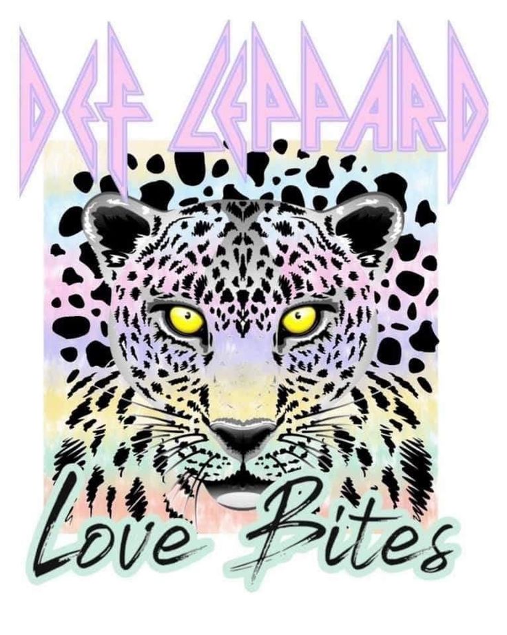 a leopard with yellow eyes and the words love bites