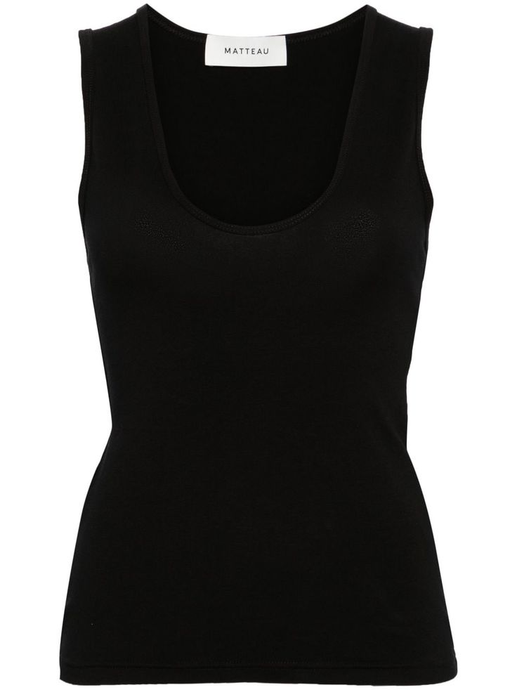 black stretch organic cotton lightweight jersey U-neck sleeveless straight hem Fitted Black T-back Tank Top, Fitted Black Moisture-wicking Tank Top, Black Cotton V-neck Tank Top, Black Moisture-wicking Tank Top, Black Cotton Tank Top With Moisture-wicking, Planet People, Five Points, Jersey Tank Top, Yoko London