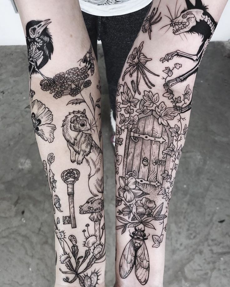 two people with tattoos on their legs