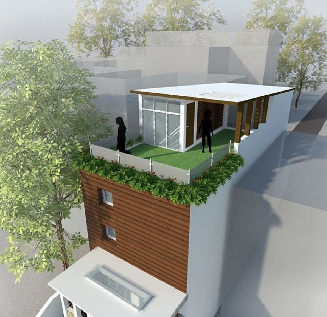 an architectural rendering of a small house with grass on the roof and people standing outside