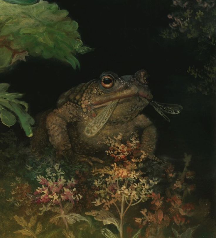 a frog sitting on top of a lush green plant covered in leaves and flowers with its mouth open