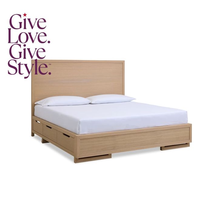 a bed with two drawers underneath it and the words give love, give style