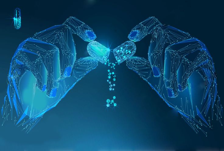 two hands are touching each other with blue lights in the background and bubbles coming out of them