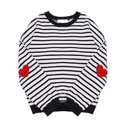 Harajuku Striped Heart Long Sleeve Sweatshirt Cozy Long Sleeve Sweater With Heart Print, Red Black Striped Sweater, Red And Black Heart Sweater, Black And White Striped Long Sleeve, Cotton Sweatshirt With Heart Graphic, Long Sleeve, Harajuku Clothes, Black A Line Skirt, Black And White Ribbon, Harajuku Fashion Street