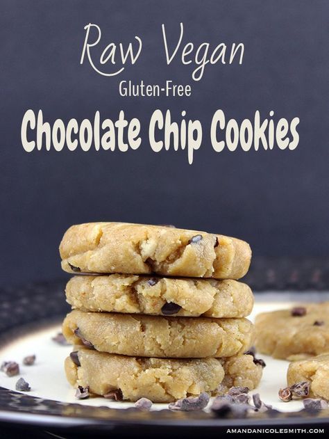 raw vegan gluten - free chocolate chip cookies stacked on top of each other