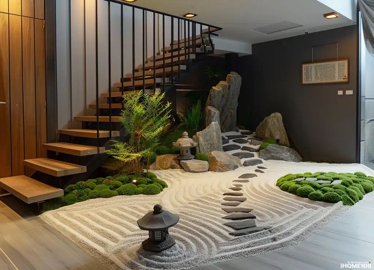 a very nice looking room with some rocks and plants on the ground in front of it