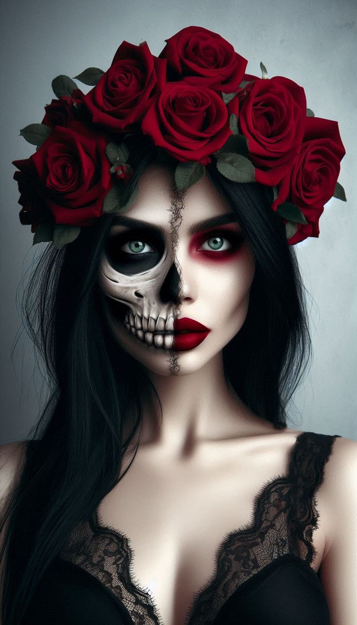 Sugarskulls Makeup Halloween, Half Dia De Los Muertos Makeup Ideas, Goth Skull Makeup, Half Face Catrina Makeup, Catrina Face Makeup, Halloween Circus Makeup, Red And Brown Makeup, Dia De Los Muertos Makeup Ideas, Pretty Goth Makeup