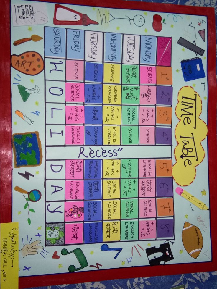 a colorful board with words and pictures on it