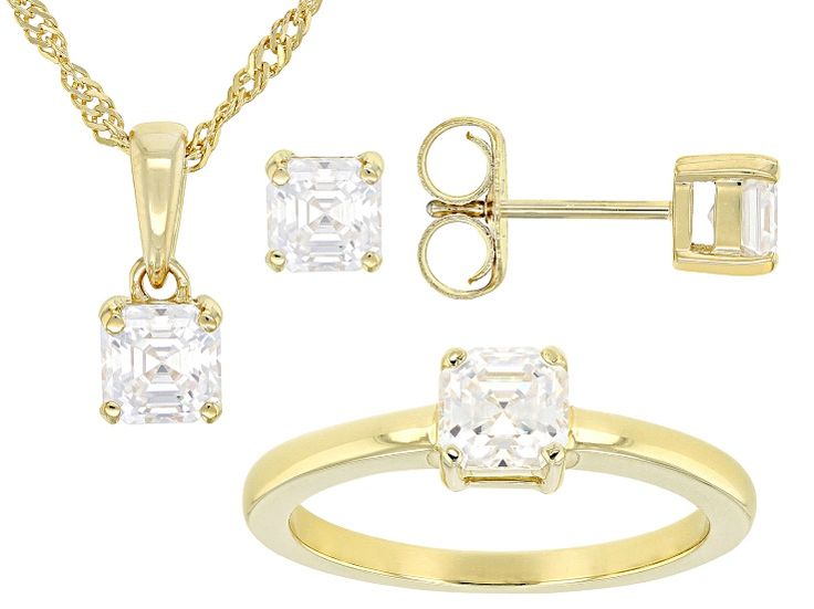 Moissanite Fire® 2.40ctw diamond equivalent weight Asscher cut, 14k yellow gold over sterling silver ring and stud earrings with pendant and 18-inch Singapore chain jewelry set. Ring measures approximately 3/16" L x 1/16" W and is not sizeable. Earrings measures approximately 3/16" L x 3/16" W and have push backs. Pendant measures approximately 1/2" L x 3/16" W and has lobster clasp with 2 inch extender. Actual moissanite weight is 2.08ctw. Diamond Accented Round Cut Jewelry Sets For Gifts, Diamond Accents Jewelry Sets With Round Cut For Gift, Jewelry Sets With Round Cut Diamond Accents For Gifts, Anniversary Jewelry With Asscher Brilliant Cut, Classic Cubic Zirconia Jewelry Sets For Gifts, Dazzling 14k Gold Jewelry With Prong Setting, Brilliant Asscher Cut Jewelry For Anniversary, Dazzling Princess Cut Solitaire Jewelry, Fine Jewelry For Anniversary