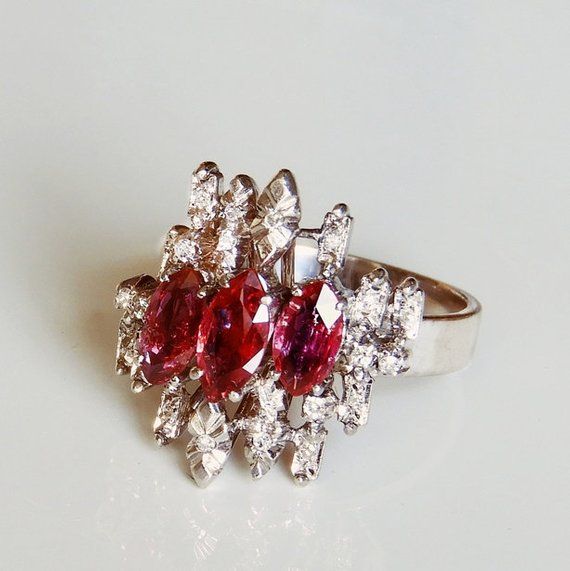 1970s Ruby Diamond Cluster Ring 14K 14kt White Gold Mid Century Ruby Ring Unique Ruby Ring Ruby Cock Unique Ruby Rings, Ruby Cocktail, Natural Ruby Ring, Diamond Accent Ring, Ring Ruby, Fire And Ice, Ruby Diamond, Diamond Cluster Ring, Ring Unique