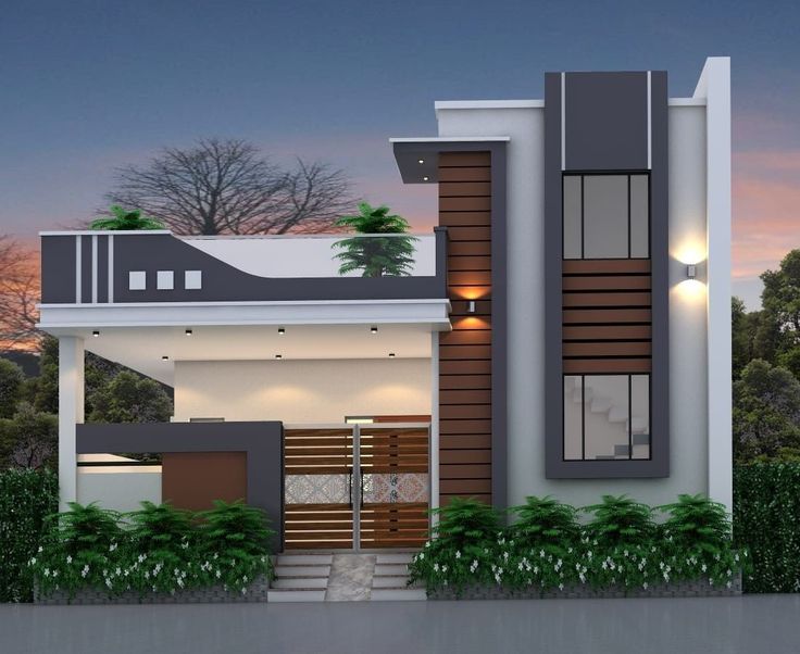 a modern style house is shown in the evening