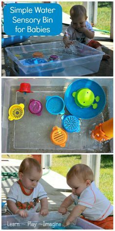 two pictures of babies playing with water and toys