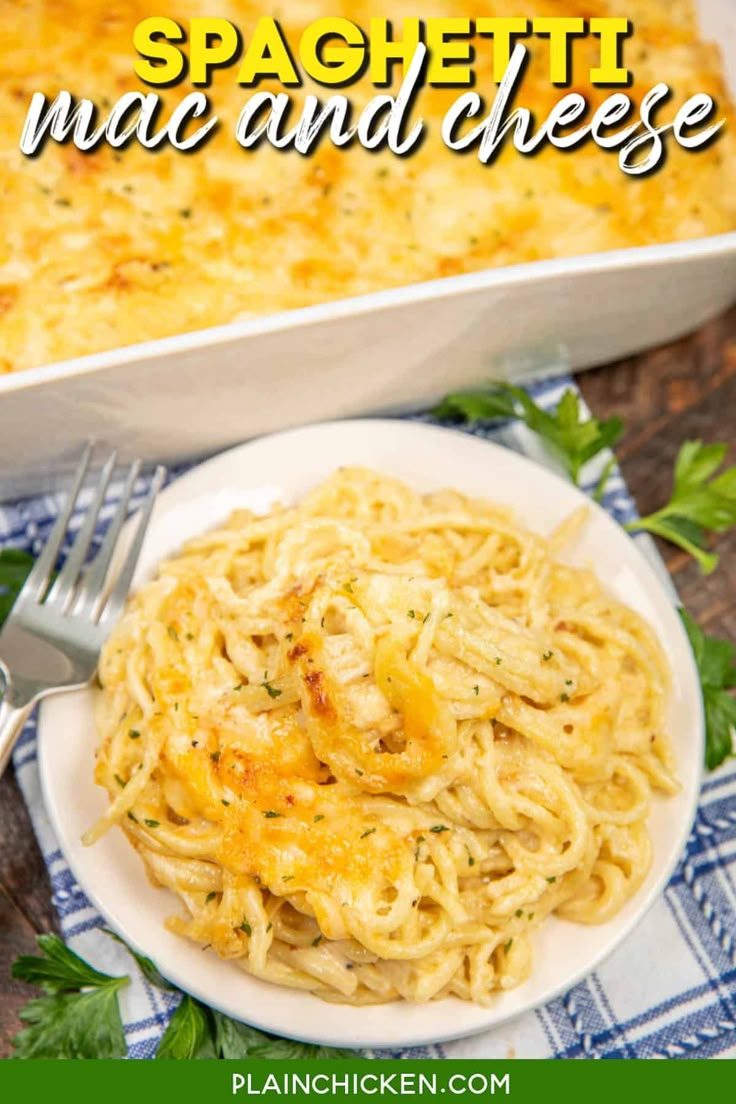 a plate with spaghetti and cheese on it next to a casserole dish in a pan