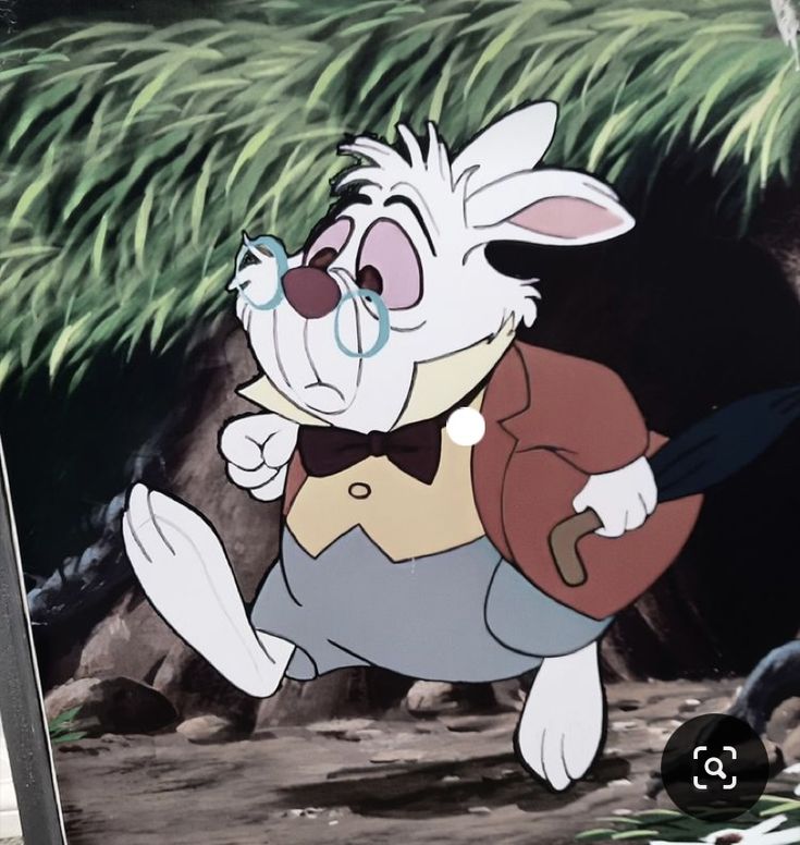 an animated rabbit is standing in front of a tree and grass area with another animal behind him