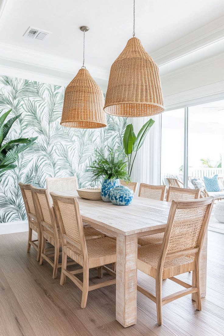 a dining room table and chairs in front of a wall with palm leaves on it