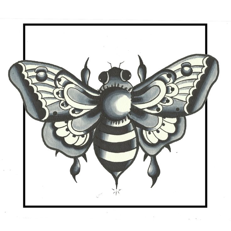 a black and white drawing of a bee with stripes on it's back wings