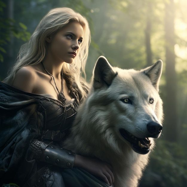 a beautiful woman sitting on top of a wolf next to a forest filled with trees