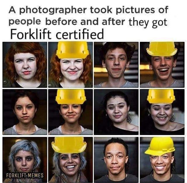 many different pictures of people with hard hats on their heads and one is smiling at the camera