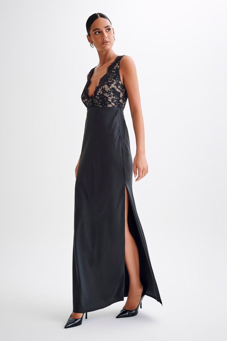 All formalities.Presenting the RICCI Satin and Lace Maxi Dress, a stunning blend of elegance and sophistication. With its V neckline, it frames the décolletage beautifully, while the lace bust adds a touch of romance and femininity. The deep V back enhances the allure of the ensemble, creating a striking silhouette from every angle. Crafted with an invisible zip, hook, and eye back closure, it ensures a seamless finish and effortless wear. Designed with a straight skirt shape, it offers a sleek Lace V-neck Gown For Prom, Elegant Lace Back Dress For Prom, Elegant Fitted Lace Dress For Prom, Fitted Evening Dress With Lace Bodice And V-neck, Elegant Evening Lace Dress With Fitted Bodice, Elegant Lace Dress With Fitted Bodice For Evening, Elegant Lace Dress With Sweetheart Neckline And Fitted Bodice, Elegant V-neck Gown With Lace Bodice, Elegant Evening Dress With Lace Back