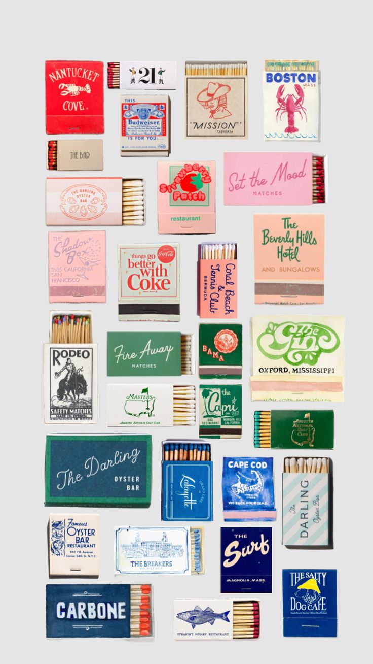 Matchbooks Graphic Design Styles, Matchbook Art, Small Business Packaging Ideas, Dorm Art, Matchbox Art, Print Collage, Holiday Packaging, New Poster, Bar Set