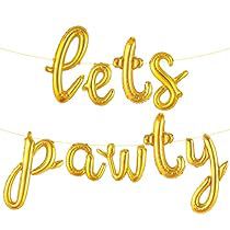 the words let's party spelled out in gold foil balloons on a white background