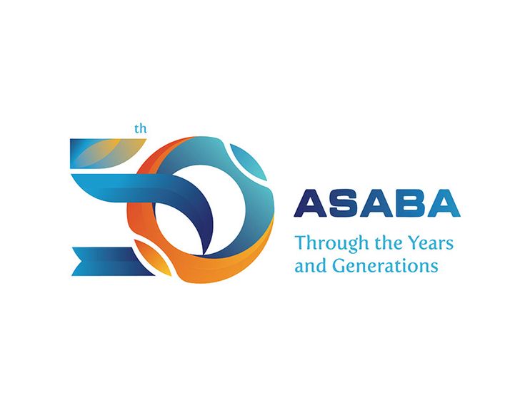 the logo for asaba through the years and generations, with an arrow in the center