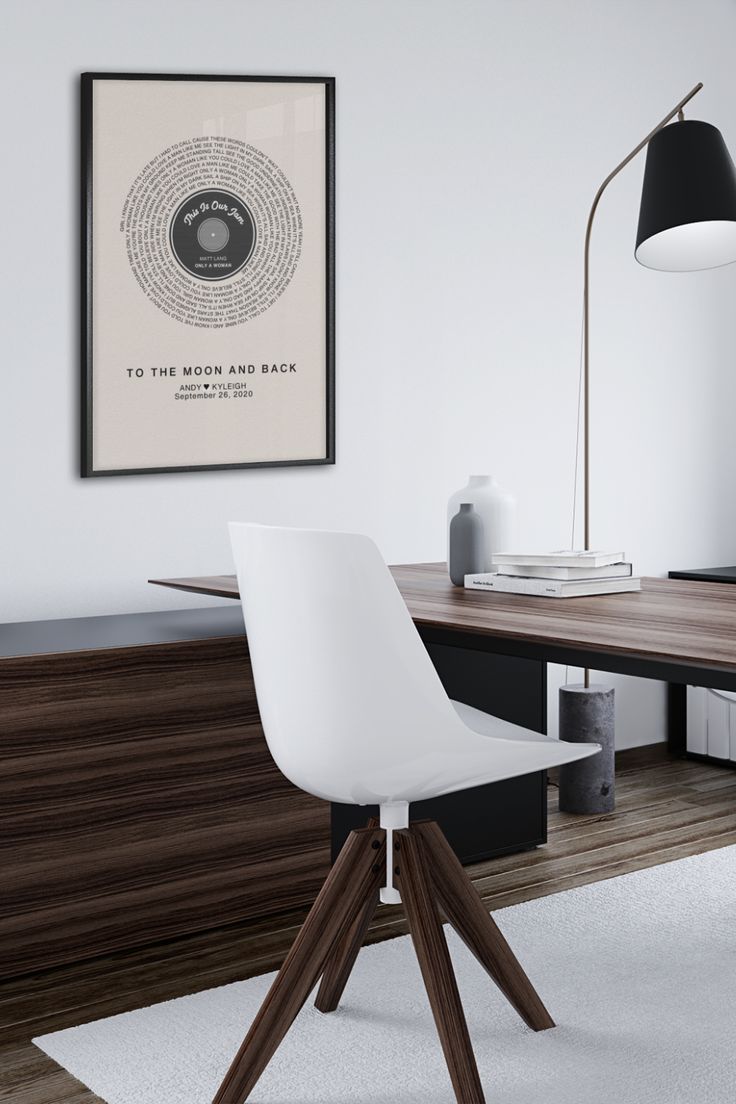 a white chair sitting in front of a wooden desk