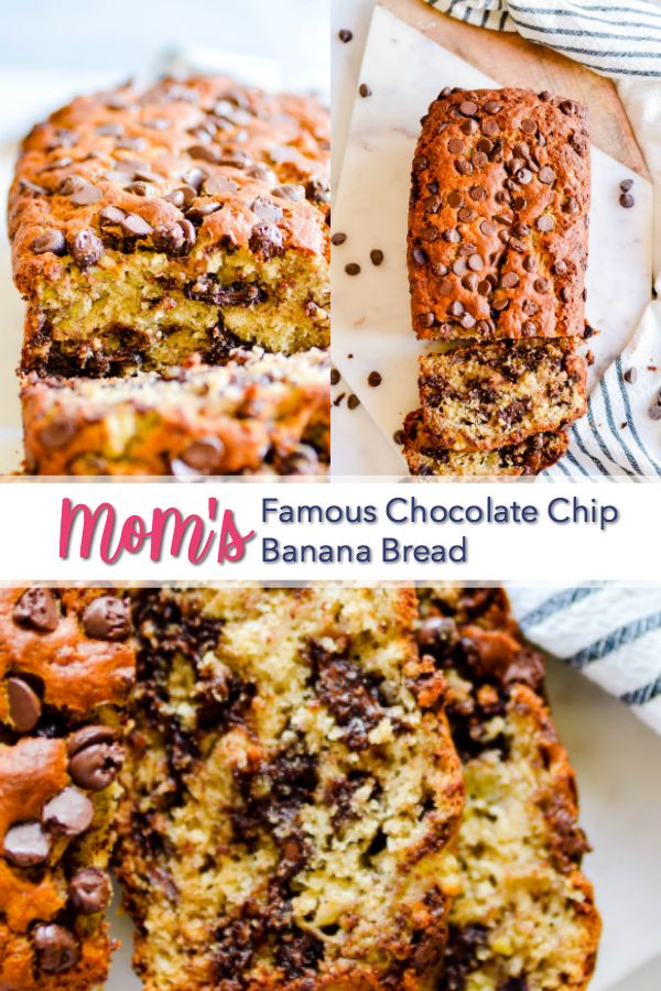 banana bread with chocolate chips on top and the words mom's famous chocolate chip banana bread