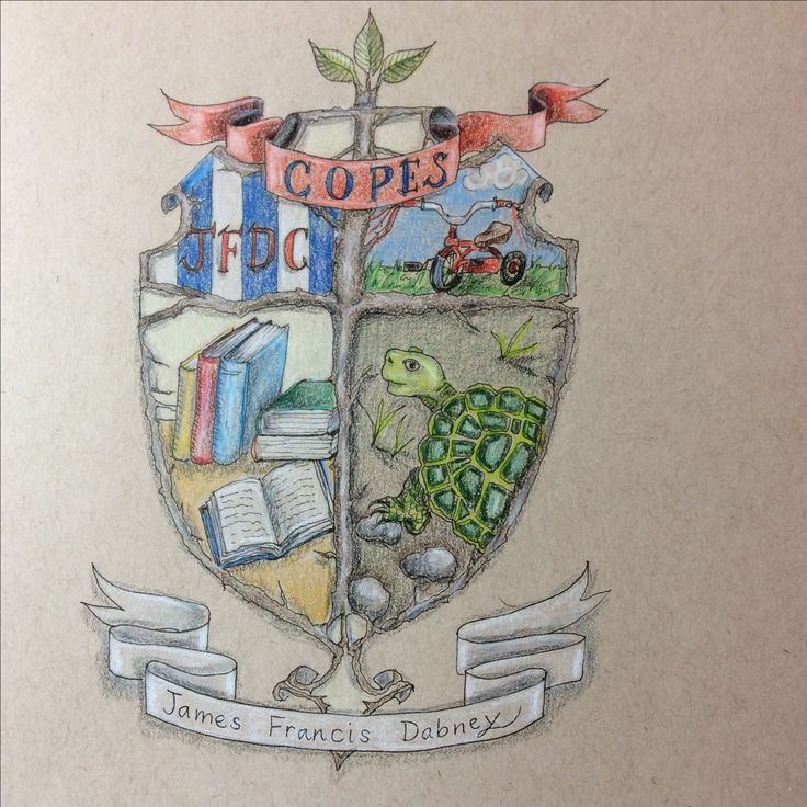 a drawing of a coat of arms with books and plants