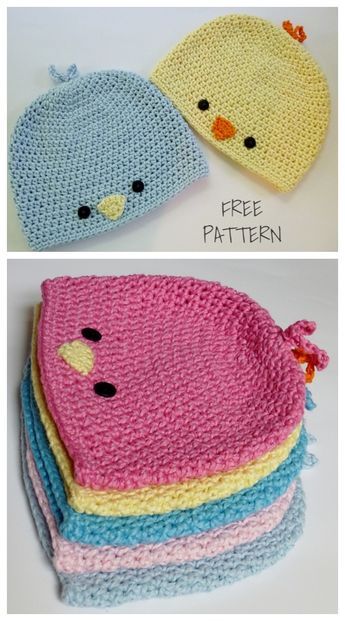 three crocheted hats with different colors and designs, one has a bird on it