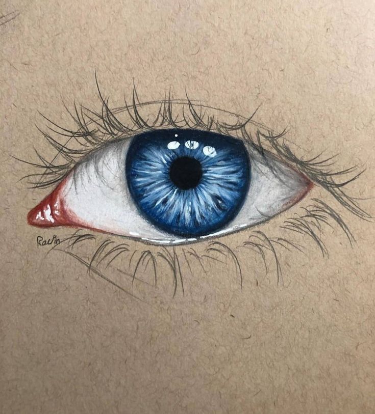 a drawing of an eye with blue and white iris