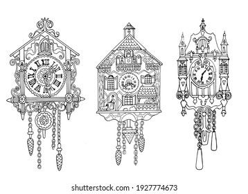 three clocks with different designs and numbers on the front, one has a clock in the middle