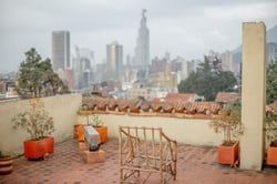 an outdoor patio area with potted plants and buildings in the background