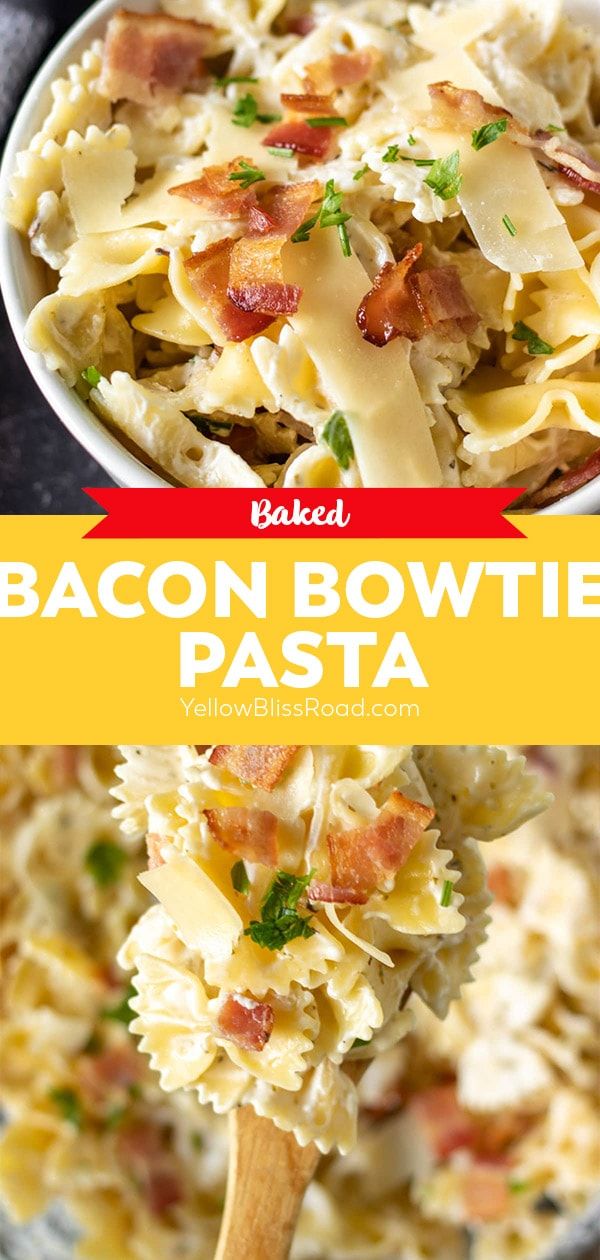 bacon bow tie pasta in a white bowl with a wooden spoon and title above it