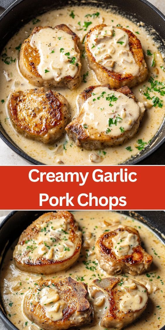 creamy garlic pork chops with gravy in a skillet