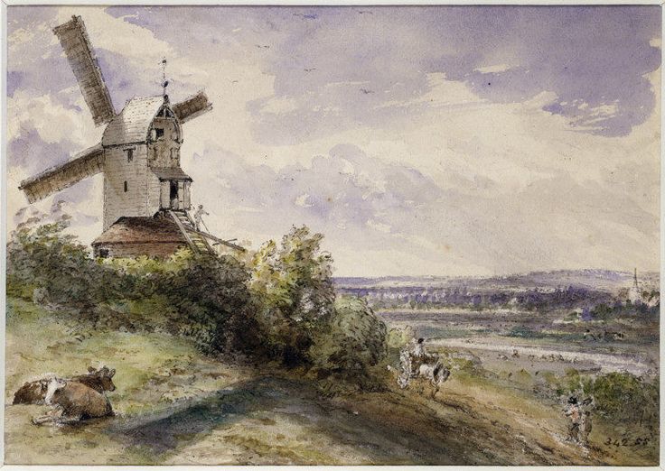 a painting of a windmill on top of a hill with cows laying in the grass