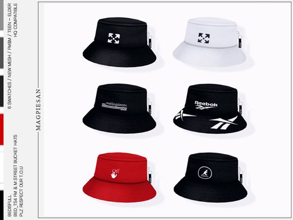 six different colored hats are shown in the same color as each one is black, white, red, and blue