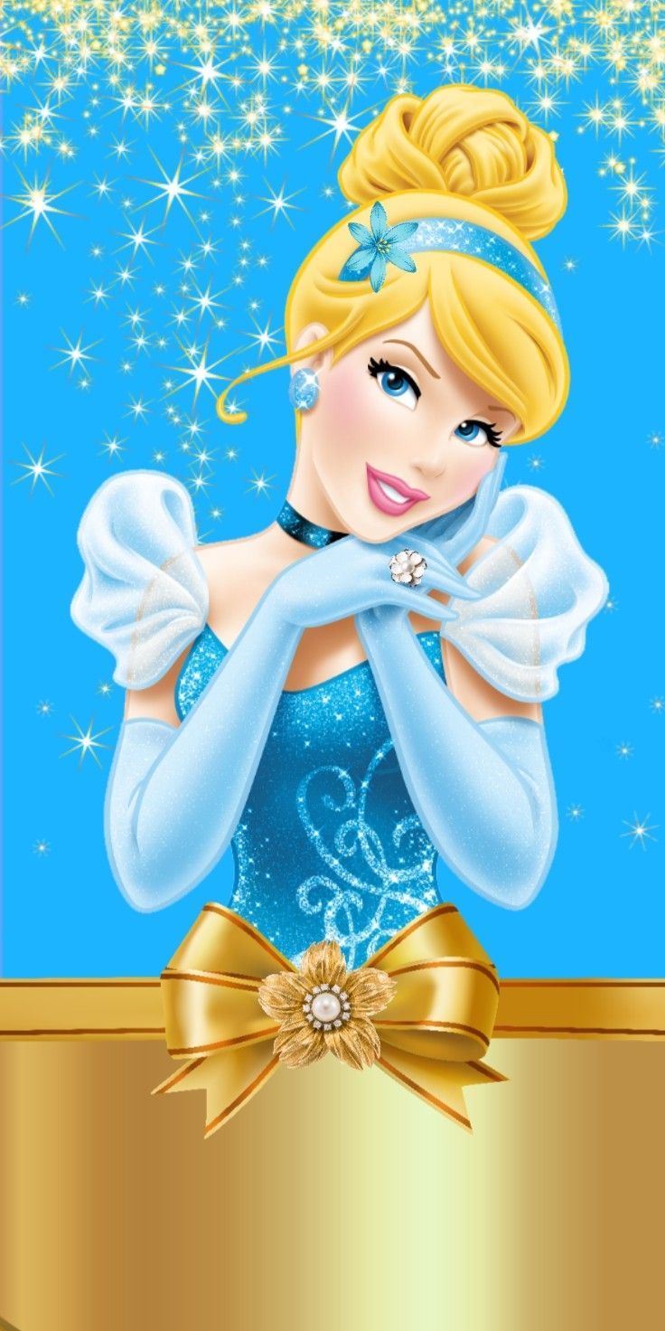 a cartoon character with blonde hair and blue dress, standing in front of a gold ribbon