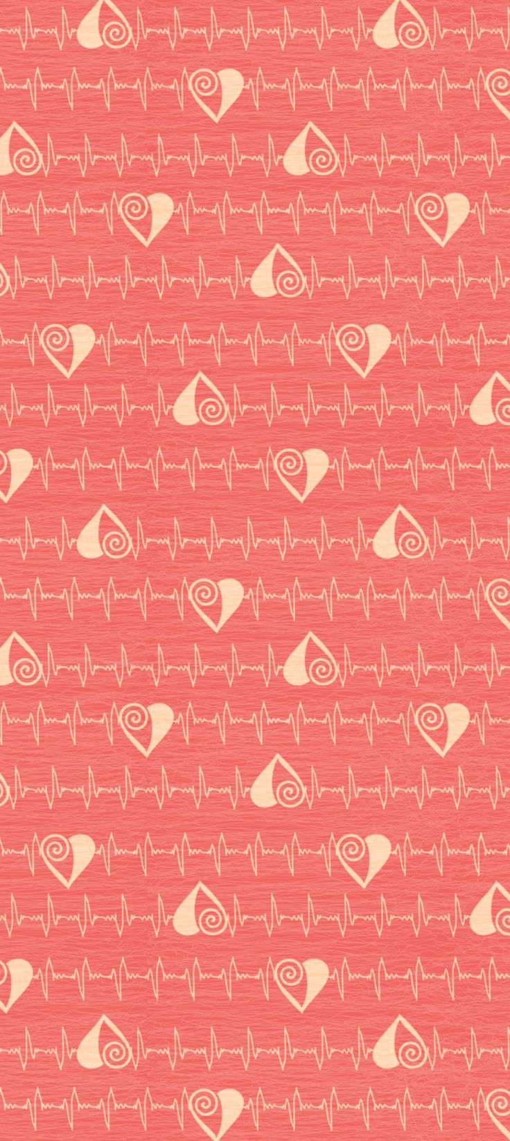 an orange and white pattern with hearts, heartbeats, and circles on it's red background