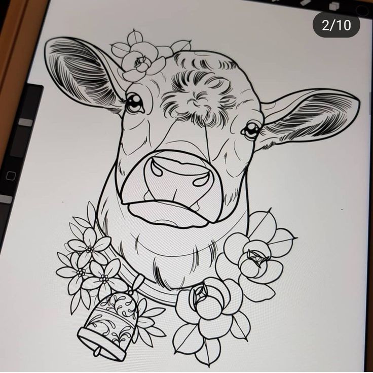 a drawing of a cow with flowers on it's head is shown in front of a phone screen