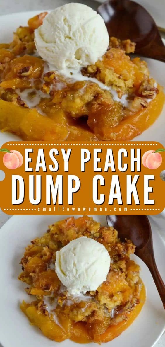 easy peach dump cake with ice cream on top