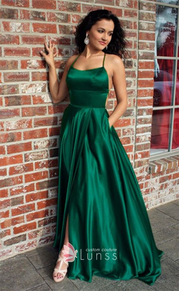 Emerald Green Strappy Back Slit Custom Prom Dress - Lunss Prom Dresses Forest Green, Green Satin Prom Dress, Emerald Green Prom Dress, Split Prom Dresses, Bridesmaid Colors, Backless Evening Dress, Prom Dresses With Pockets, Simple Prom Dress, Cheap Evening Dresses