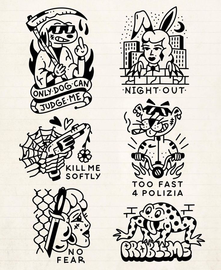 four different types of tattoos on lined paper with the words night out and hello kitty