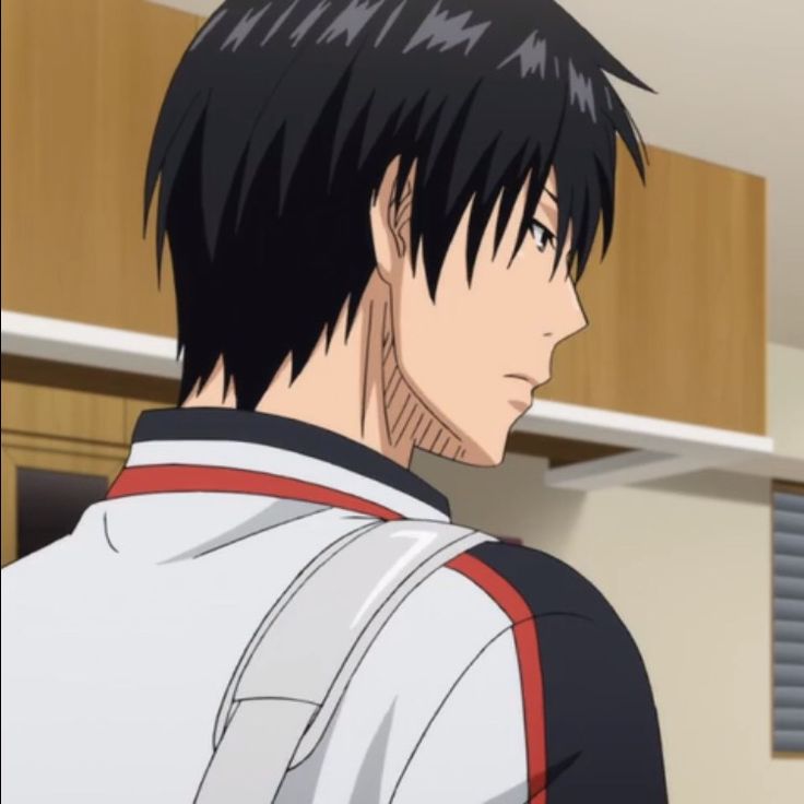 an anime character with black hair and white shirt looking off to the side in a room