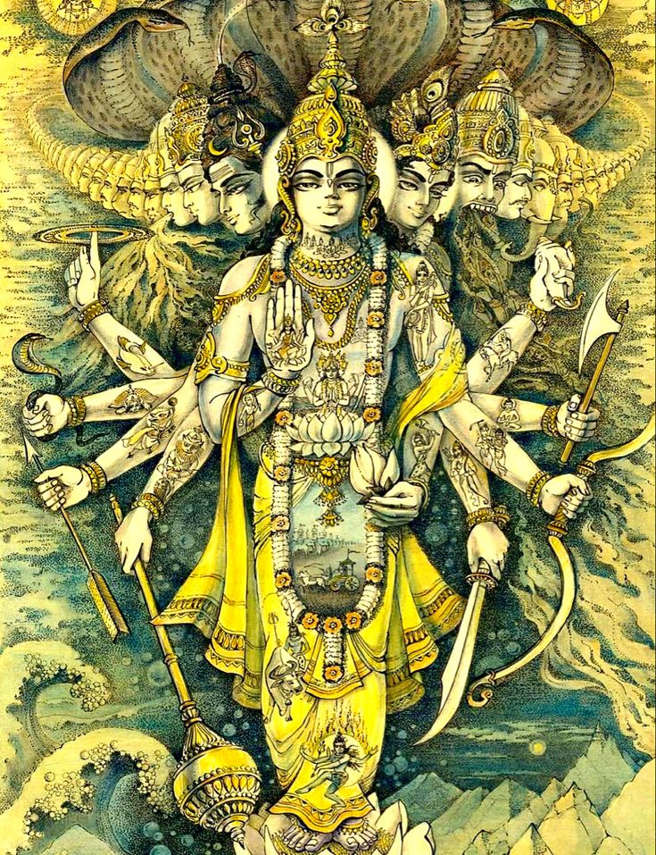 an image of the hindu god with his four avatars in yellow and blue colors