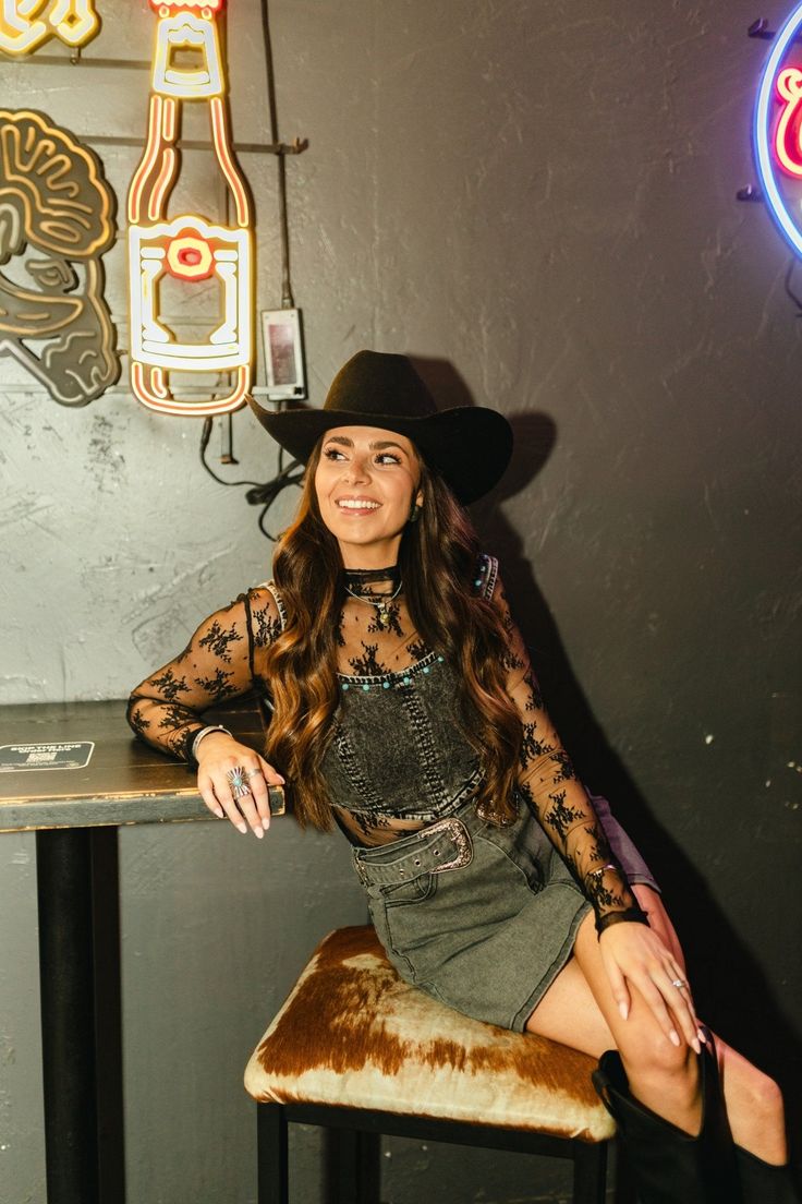 Sheer Top And Dress Outfit, Denim And Turquoise Outfit, Western Rock And Roll Outfits, Pool Hall Outfit, Western Night Outfit, Country Rockstar Outfit, Lace Country Outfit, Black And Red Western Outfit, Western Gothic Aesthetic Outfit