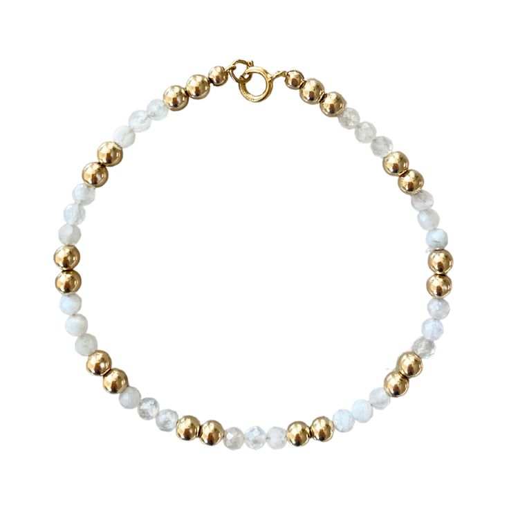 moonstone and gold filled bead bracelet Elegant Crystal Gemstone Bracelet For Meditation, White Beaded Gemstone Bracelets For Everyday, Everyday White Beaded Gemstone Bracelets, Elegant Gold Crystal Bracelet For Meditation, Spiritual Gold Beaded Bracelets With Moonstone, Gold Beaded Bracelets With Moonstone, Gold Moonstone Bracelets With Natural Stones, Elegant Moonstone Healing Bracelet, Elegant Hand-strung Crystal Bracelet For Healing